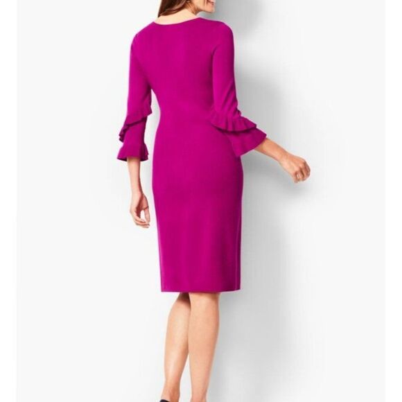 Talbots Ruffled Sleeve Round Neck Midi Knee Length Solid Mulberry Sweaterdress - Picture 3 of 8